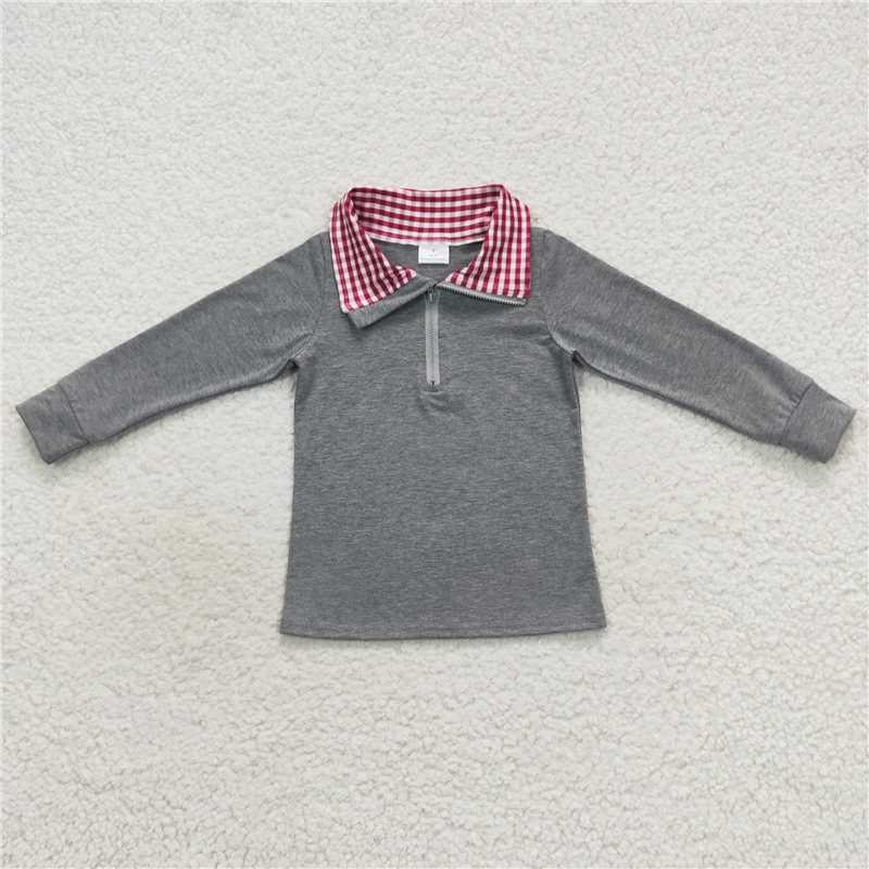 BT0282 BT0285 BT0283 Grey plaid zip-up collar long-sleeved pullover top