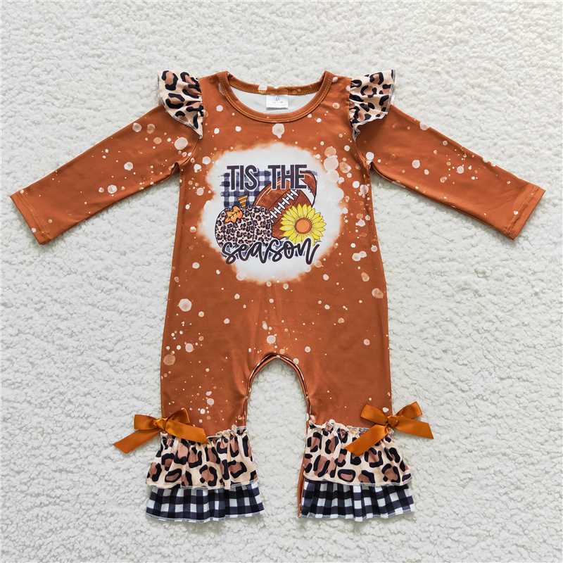 LR0611Tis the season football pumpkin sunflower baby girls romper