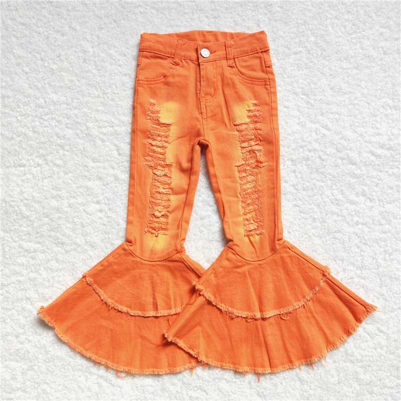 P0271 Baby Girls Orange Distressed Denim Double Ruffle Bell Pants