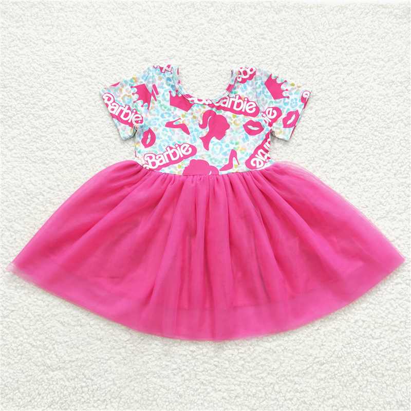 GSD0462 Short sleeves leopard hot pink tulle party girls dresses