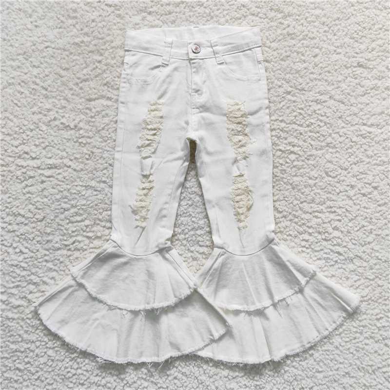 P0129 Baby Girls White Double Ruffle Distressed Denim Bell Pants