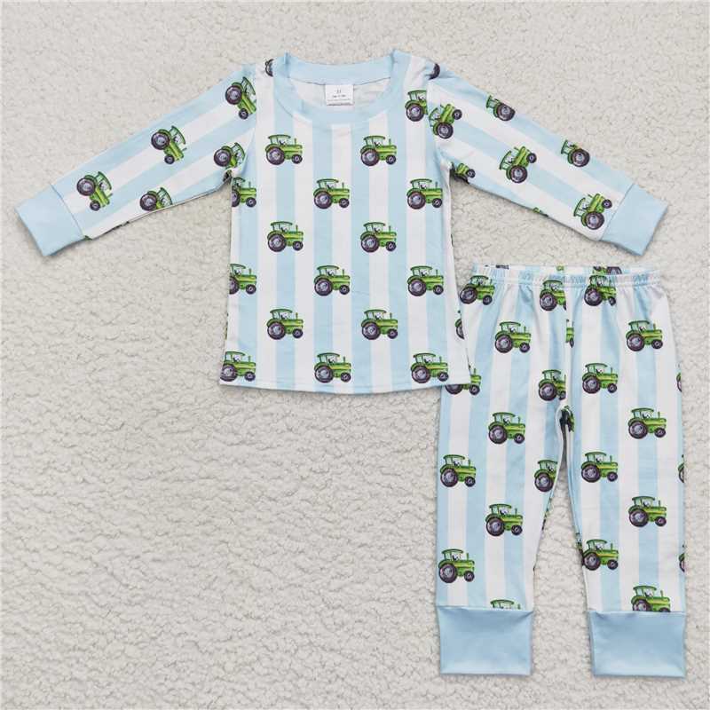 BLP0345 Blue stripe tractor kids boy farm pajamas