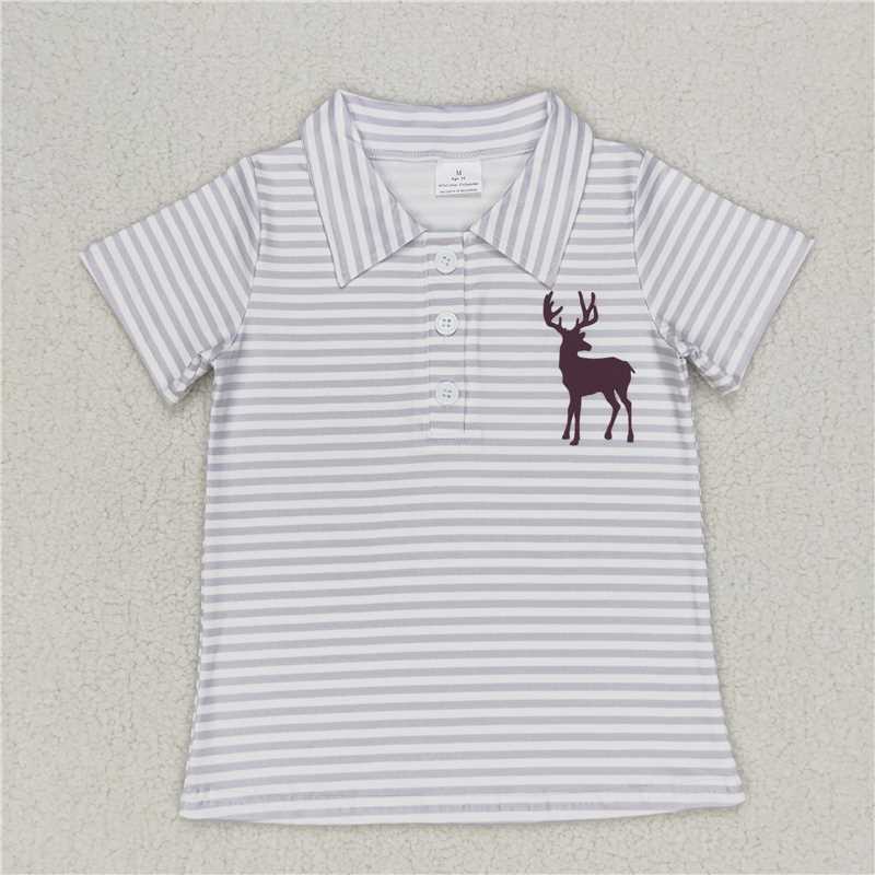 BT0337 Baby Boys Grey Stripes Deer Short Sleeve Pullover Tee Shirts