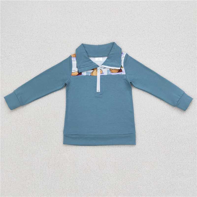 BT0329 Baby Boys Fall Duck Blue Checkered Zip Pullover Tops
