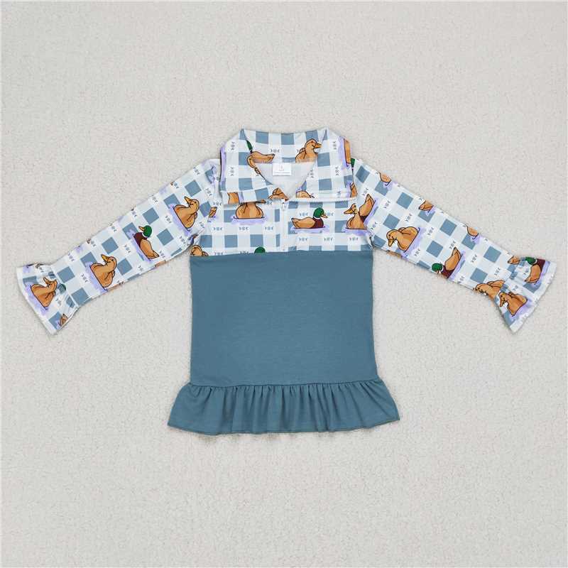 GT0308 2Baby Girls Fall Duck Blue Checkered Ruffle Pullovers