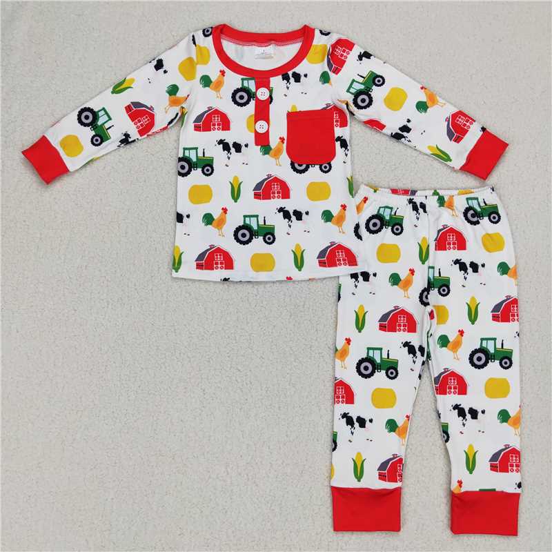 11.14 RTS NO MOQ (In stock)Matching BLP0340 Baby Boys Fall Farm Red Top Pants Long Sleeve Pajamas Clothes Sets