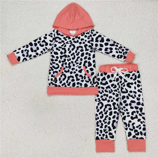 )GLP0795 Leopard print pocket pink hooded long-sleeved trousers set