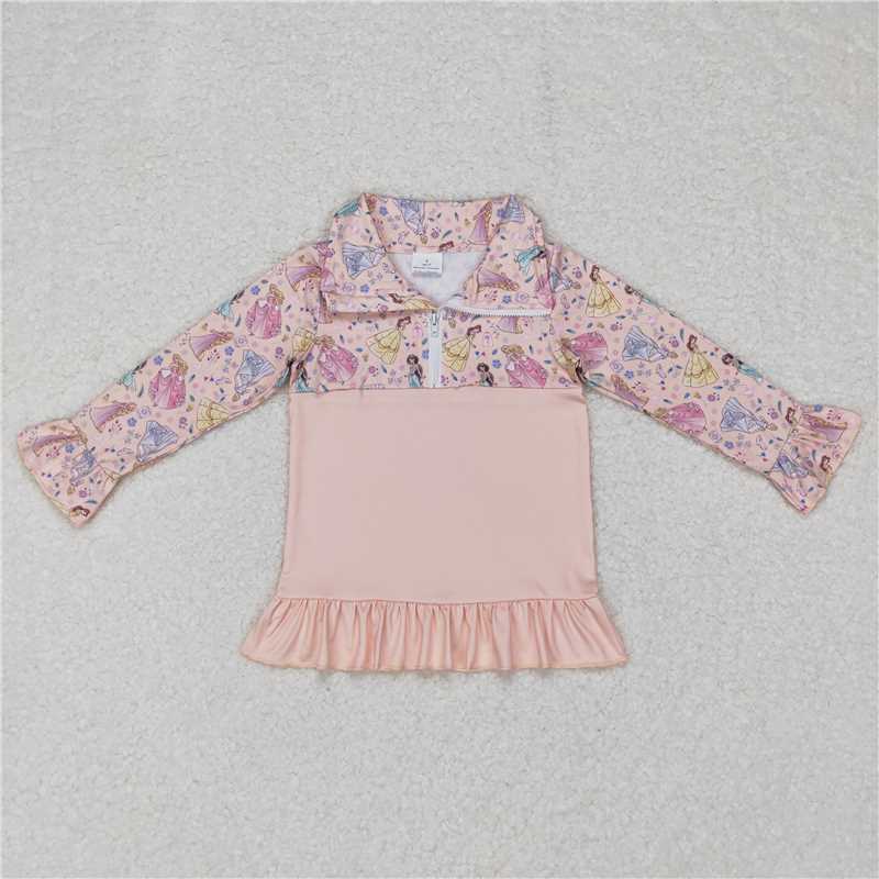GT0297 Baby Girls Pink Princess Ruffle Zip Pullover Tops