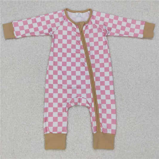 RTS LR0731 Pink and white plaid with yellow zipper long sleeve jumpsuit