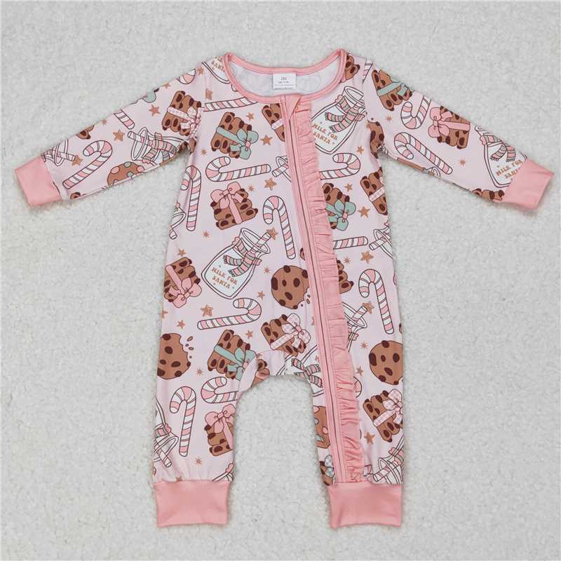 LR0630Pink cookie milk candy cane baby girls Christmas zipper romper