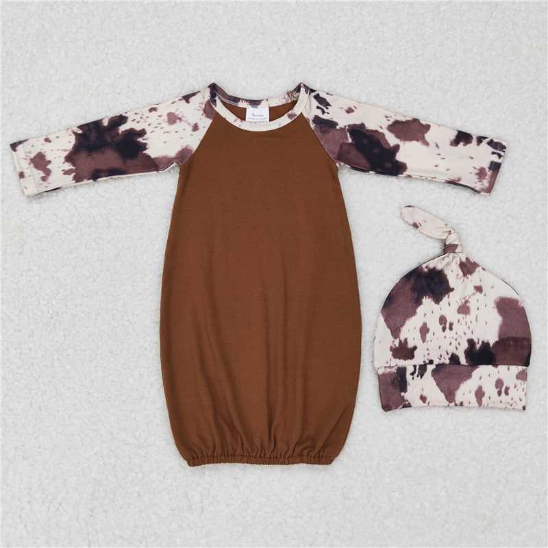 USA Shop (in stock)NB0023 Baby Newborn Girls Brown Cowhide Long Sleeve Gowns(Need choose hats if you need)