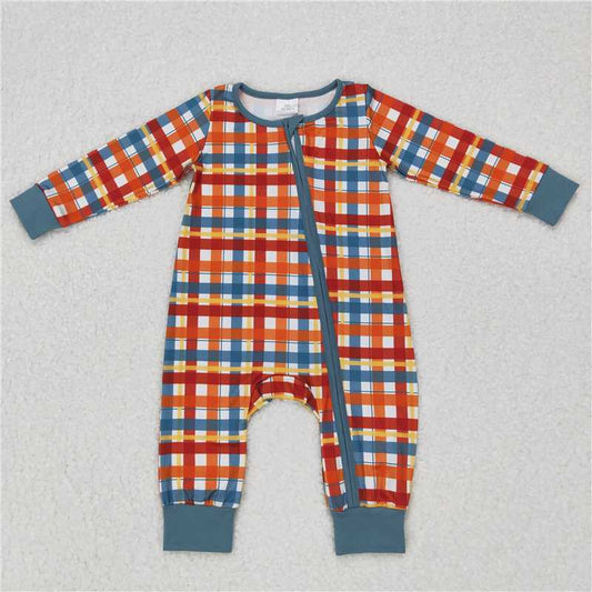RTS LR0622 Orange and green plaid zipper long-sleeved jumpsuit