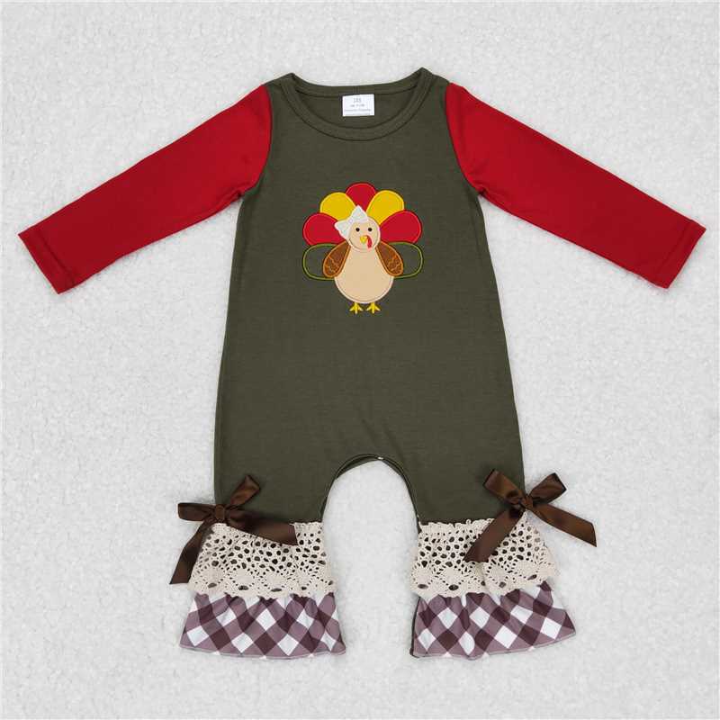 LR0666Olive maroon turkey plaid baby girls Thanksgiving romper