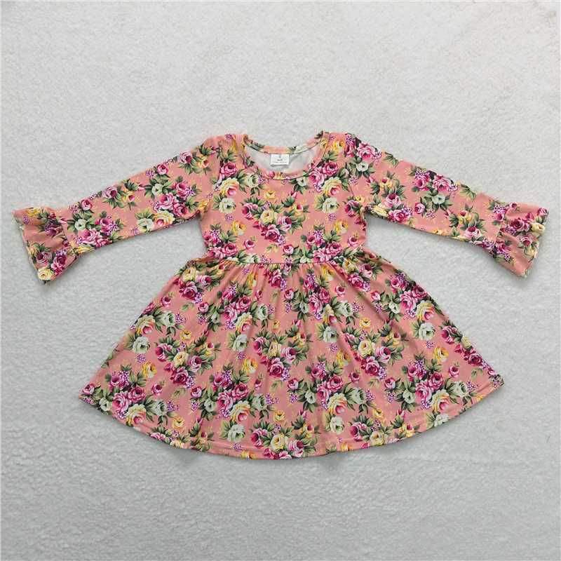 9.16 RTS NO MOQ (In stock)G3-24,/; Baby Girls Winter Dress Baby Girls Pink flowers and green leaves, lotus root pink knee-length Dresses