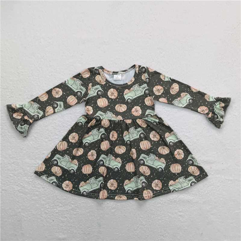 9.18 RTS NO MOQ(In stock)G3-24-3';/ Baby Girls Winter Dress Baby Girls Truck Pumpkin Dark Green Long Sleeve Dress