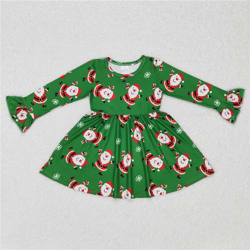 9.20 RTS NO MOQ(In stock)G3-24-4/; Baby Girls Winter Dress Santa Claus Green Long Sleeve Dress