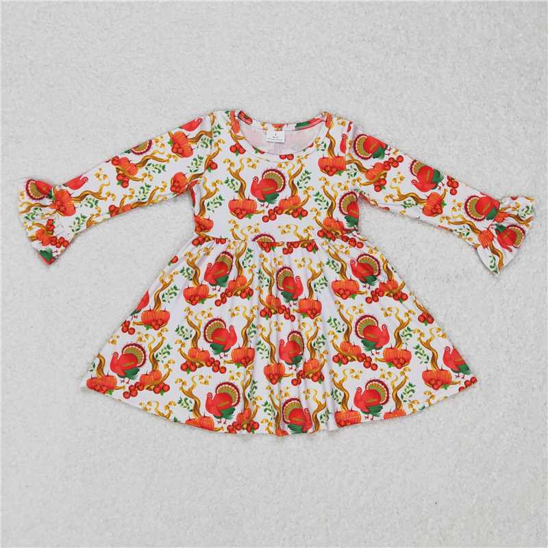 9.19 RTS NO MOQ(In stock)G3-24-4/;' Baby Girls Winter Dress Peacock Pumpkin White Long Sleeve Dress