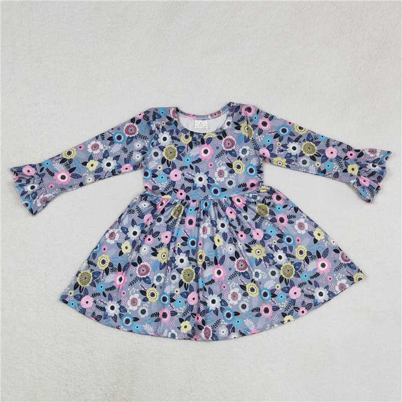 9.19 RTS NO MOQ(In stock)G6-16-7 Baby Girls Winter Dress Colorful floral grey long-sleeved dress