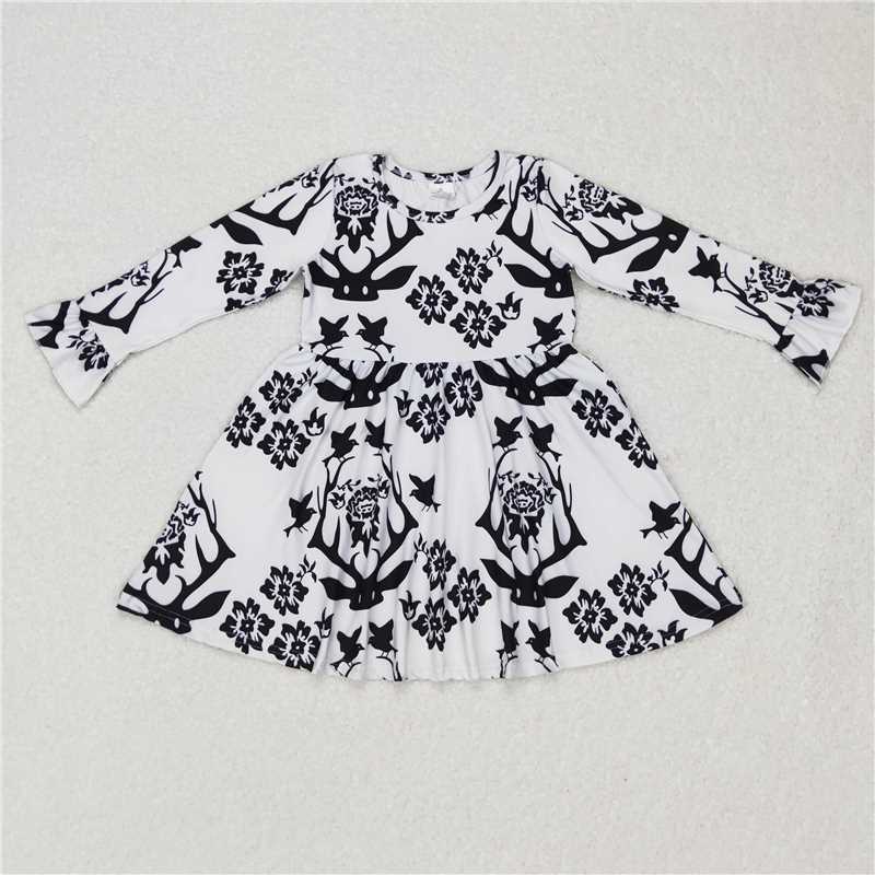 9.20 RTS NO MOQ(In stock)G6-16-7\ Baby Girls Winter Dress Black flower antler white long-sleeved dress
