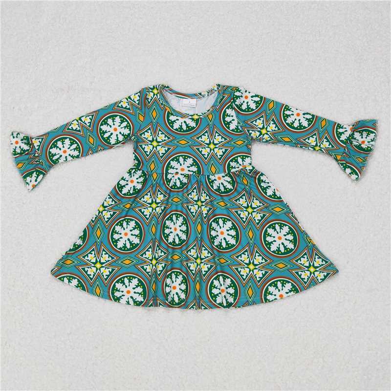 9.17 RTS NO MOQ(In stock)G6-16-1, Baby Girls Winter Dress Baby Girls Circle Snowflake Blue Long Sleeve Dress