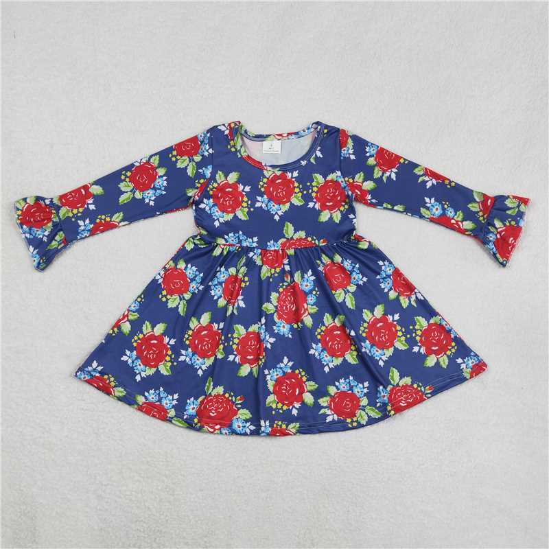 9.17 RTS NO MOQ(In stock)G6-16, Baby Girls Winter Dress Baby Girls Red and blue long-sleeved dress with green leaves and flowers