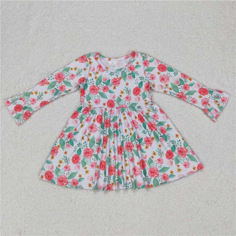 9.19 RTS NO MOQ(In stock)G6-11-7; Baby Girls Winter Dress White long-sleeved dress with pink flowers and green leaves