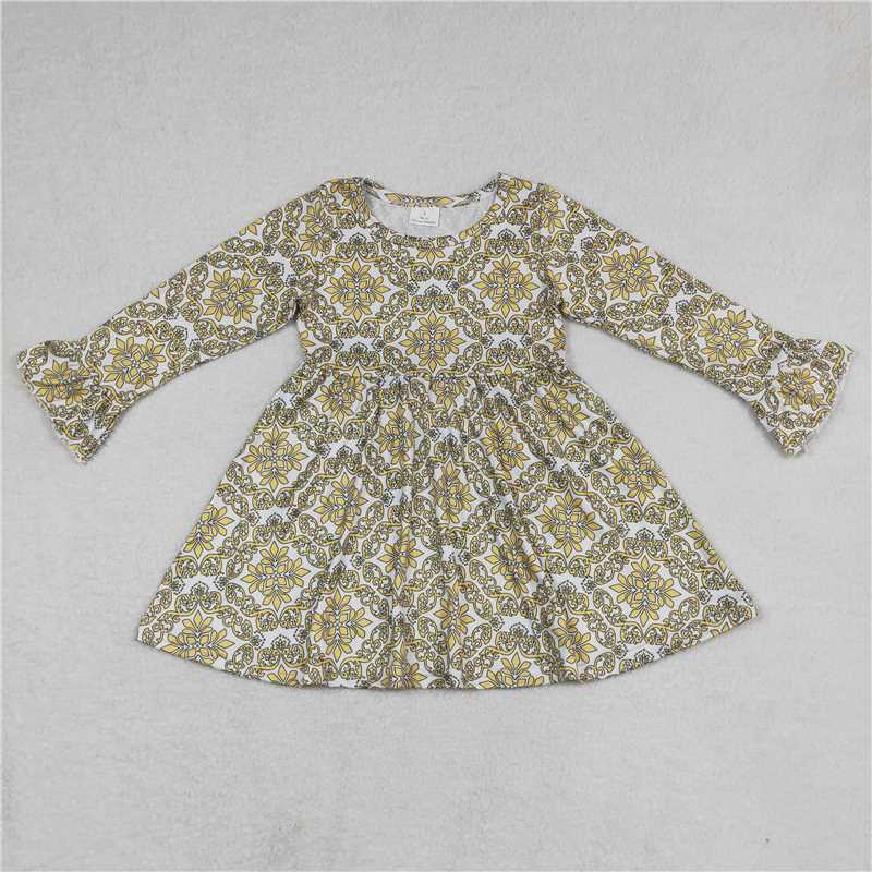 9.15 RTS NO MOQ (In stock)G6-11-4. Baby Girls Winter Dress Baby Girls Yellow pattern knee-length Dresses
