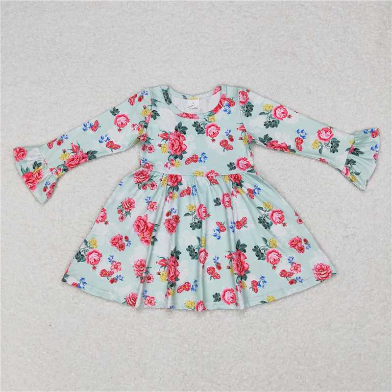 9.17 RTS NO MOQ(In stock)G6-11-3'' Baby Girls Winter Dress Baby Girls Pink flowers light green knee-length Dresses
