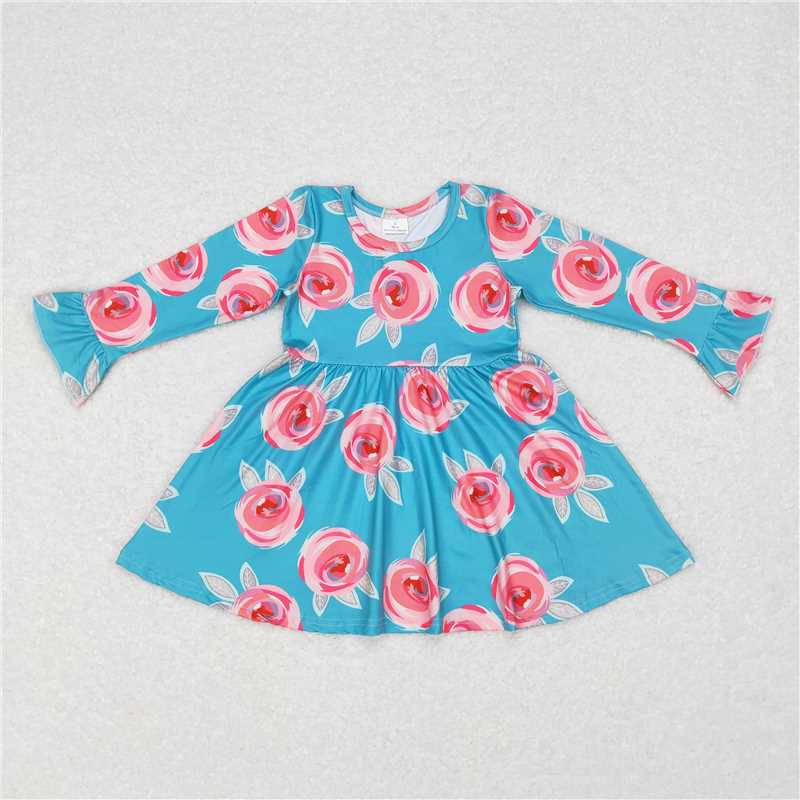 9.22 RTS NO MOQ(In stock)G6-11-1, Baby Girls Winter Dress Pink Flower Blue Long Sleeve Dress