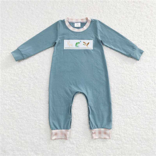 RTS LR0728 Embroidered elk fishing duck blue long-sleeved jumpsuit