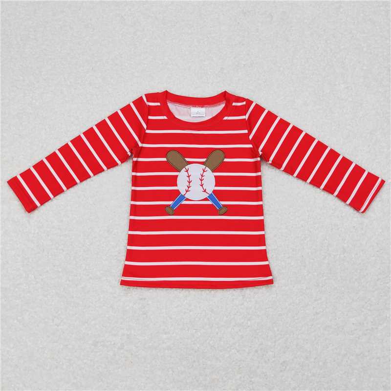 BT0387 Baby Boys Red Stripes Baseball Long Sleeve Tee Shirts Tops