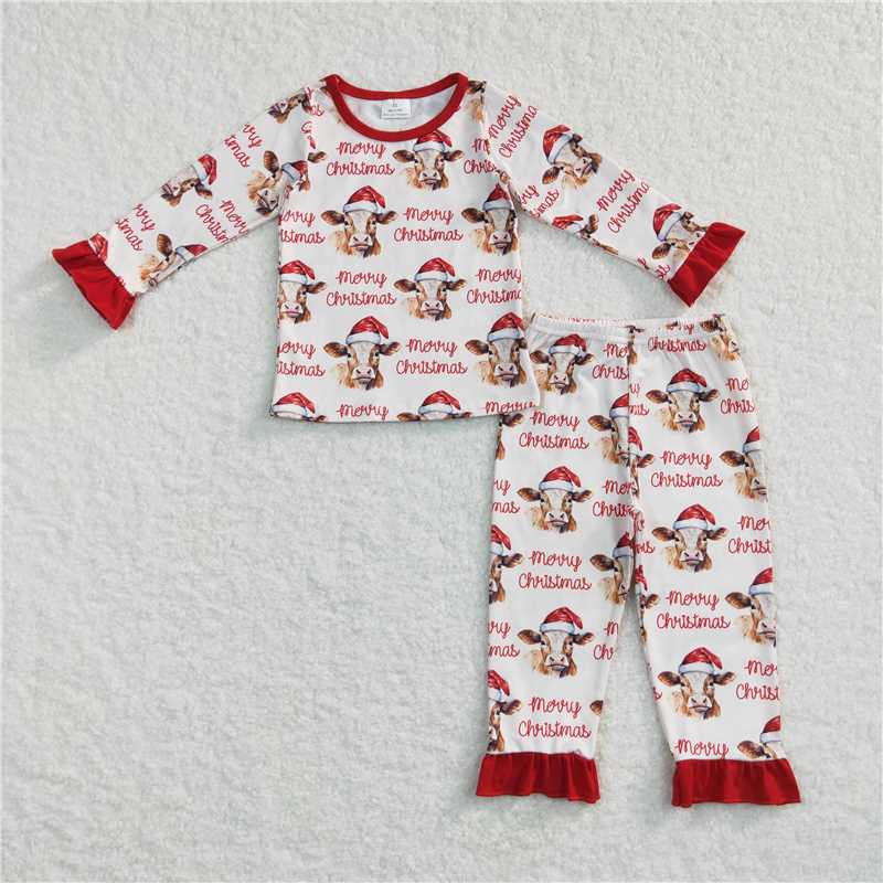 GLP0866 Baby Girls Christmas Highland Cow Tee Shirts Pants Pajamas Clothing Sets