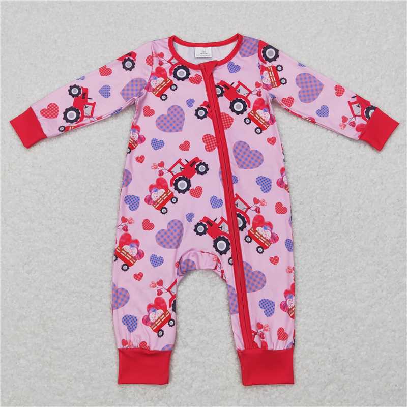 LR0774 Long sleeves heart truck baby girls Valentine's zipper romper