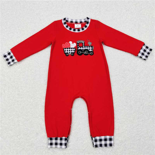 RTS LR0783 Embroidered love tractor black and white plaid red long-sleeved jumpsuit