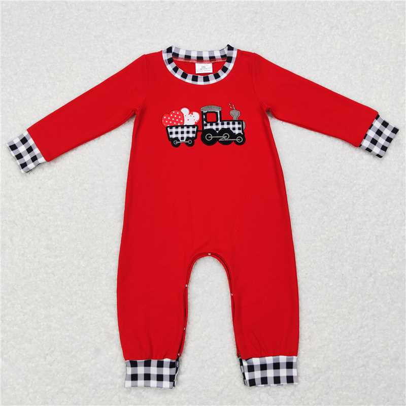 LR0783 Red plaid truck heart ruffle baby boy Valentine's romper