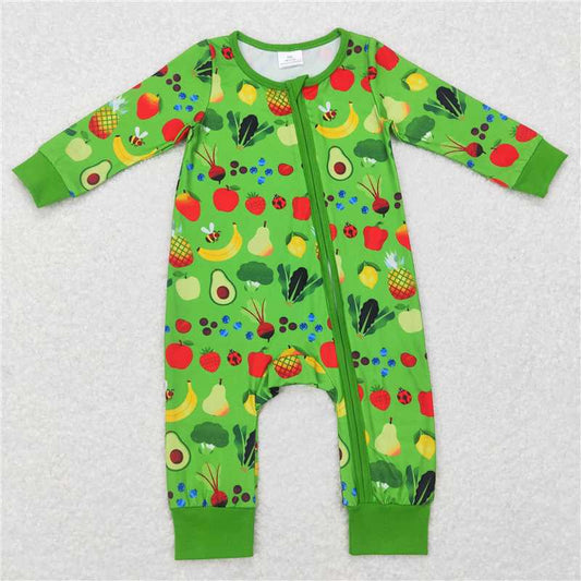 RTS LR0781 Green zipper long-sleeved jumpsuit with vegetable and fruit pattern