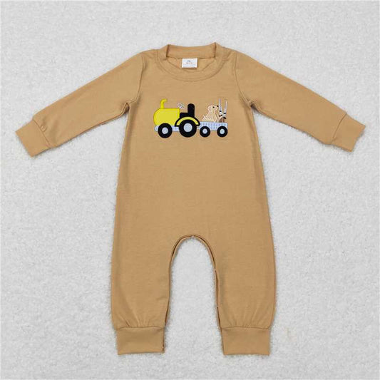 RTS LR0729 Embroidered Puppy Shotgun Trucker Brown Long Sleeve Onesie
