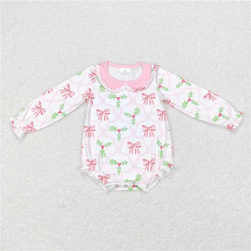 LR0577Pink bow long sleeves baby girls Christmas romper
