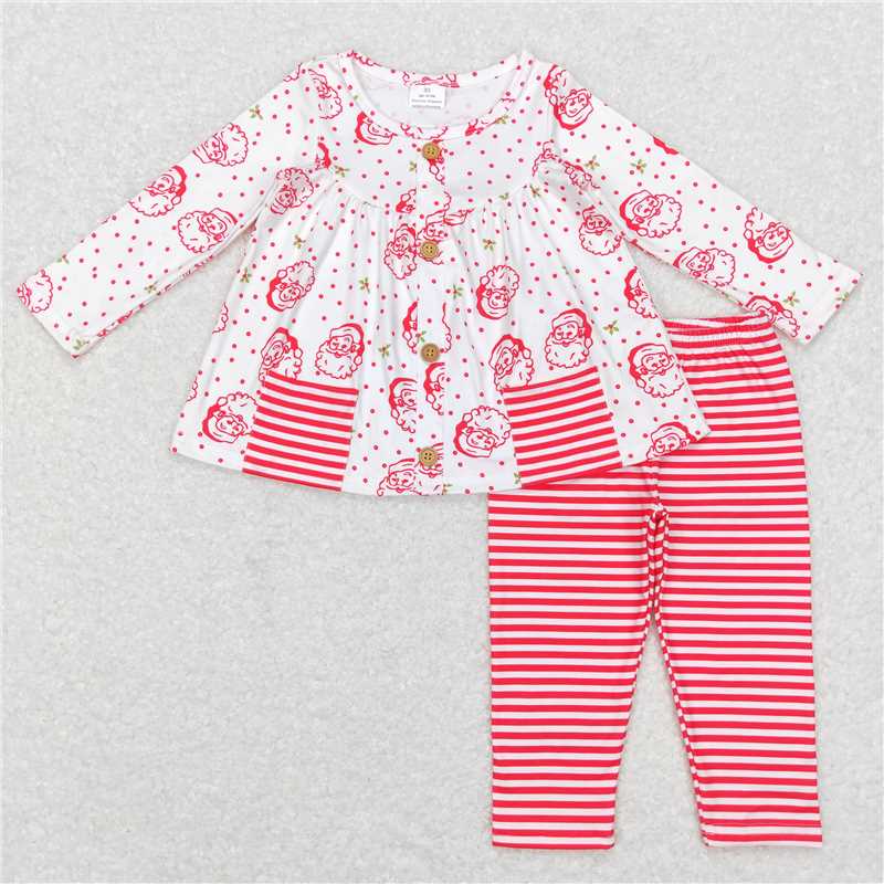 GLP0989 Santa Claus Pocket White Long Sleeve Red and White Striped Pants Set