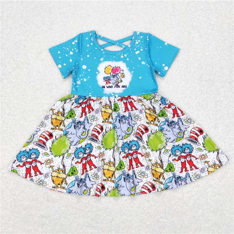 GSD0495 Dr Seuss cartoon elephant blue and white short-sleeved dress
