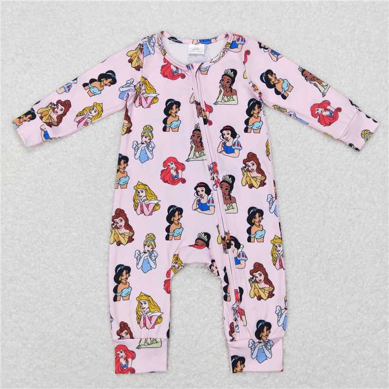 LR0800Long sleeves pink princess baby girls zipper romper
