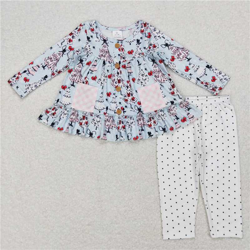 GLP0988 Bow Christmas tree pocket light green long sleeve polka dot white trousers suit