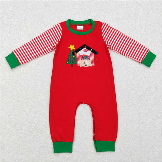 RTS LR0659 Embroidered star Christmas tree puppy house red striped long-sleeved jumpsuit