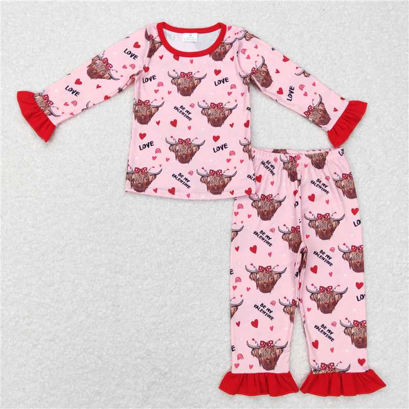 GLP0998 Be my valentine highland cow heart love girls pajamas