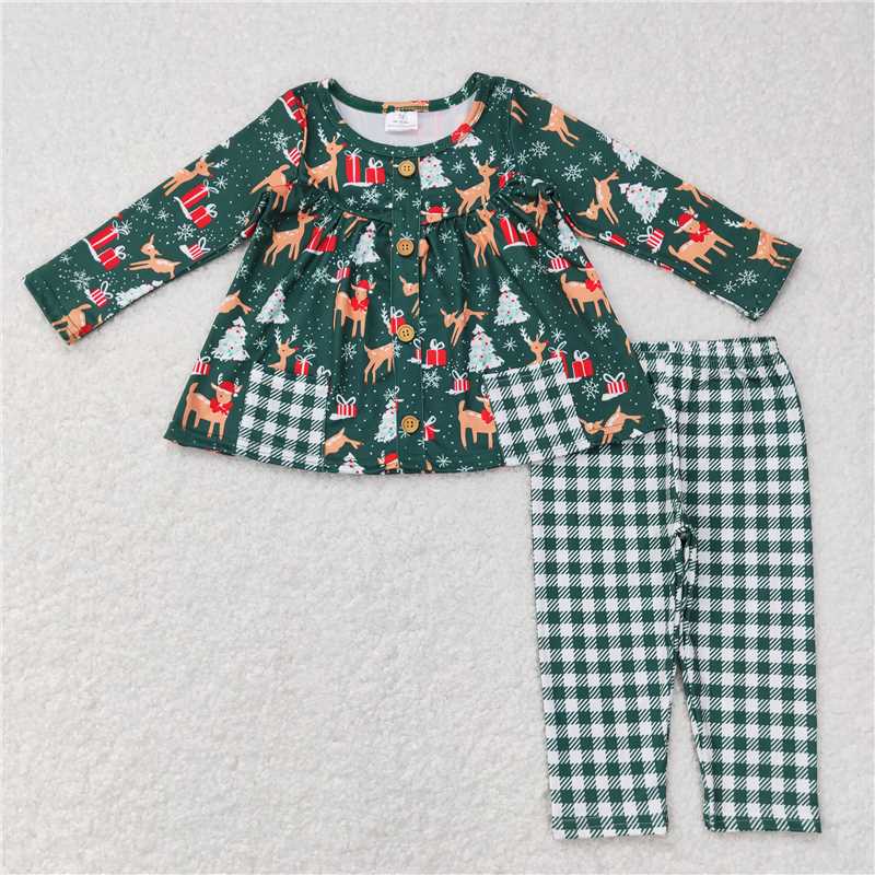 GLP0990 Deer gift Christmas tree pocket long sleeve green and white plaid trousers suit