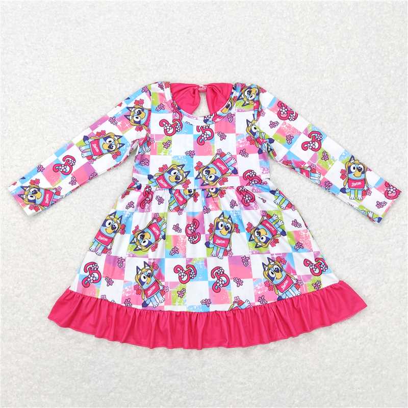 GLD0477 Baby Girls Long Sleeve Dog Pink Ruffle Dresses