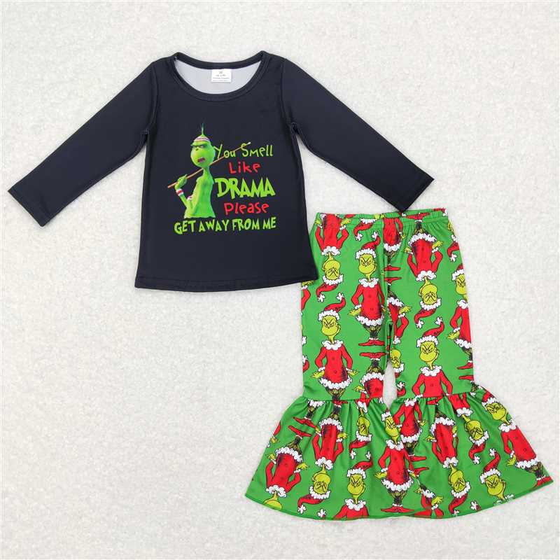 GLP0999 drama grinch lettering black long-sleeved green long-sleeved green trousers suit
