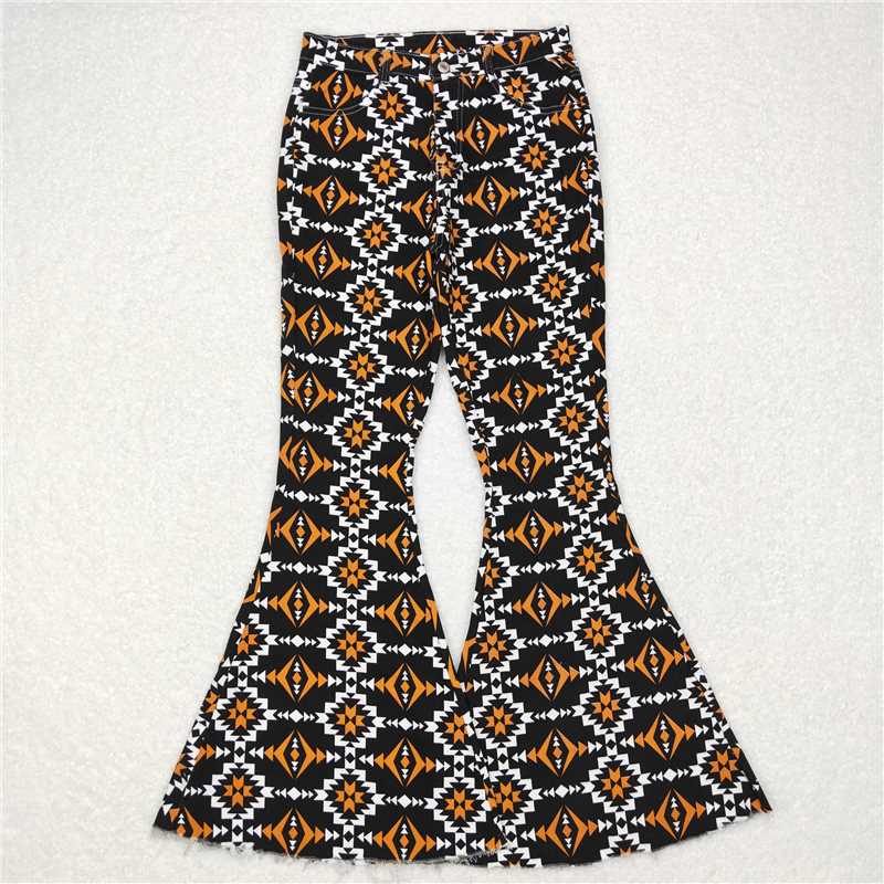P0298 Adult Women Orange Black Aztec Denim Bell Pants Jeans