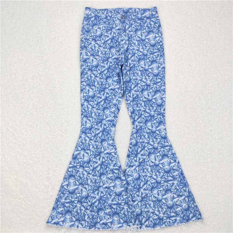 P0297 Adult Women Blue Floral Denim Bell Pants Jeans