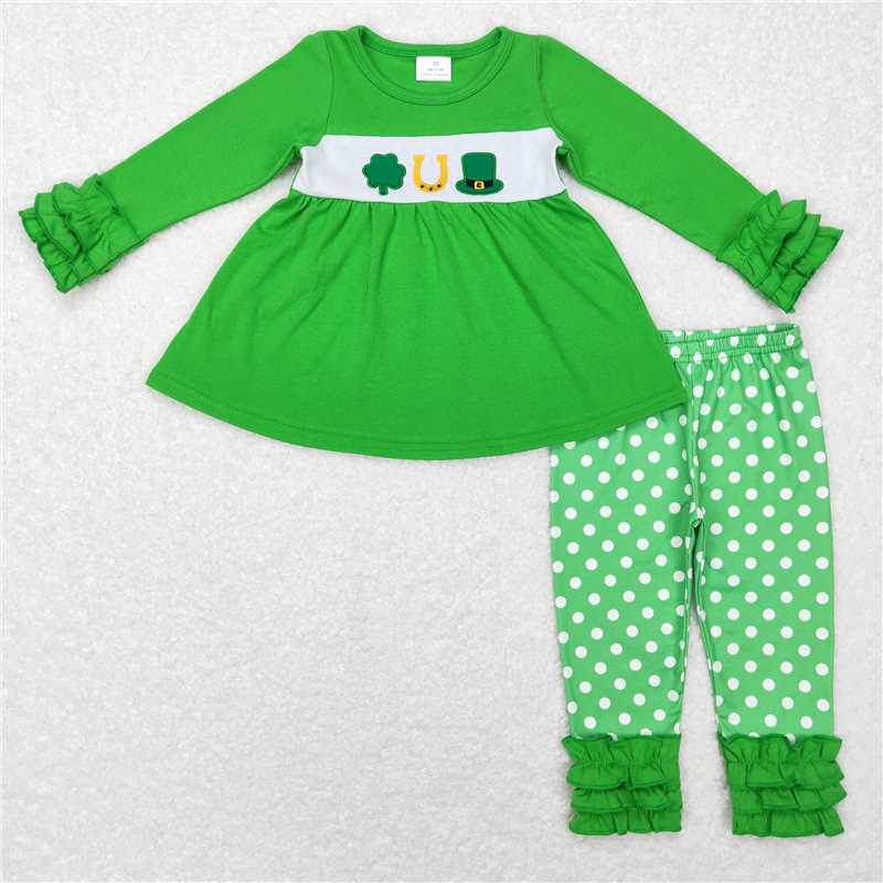 GLP0851 Girls Embroidery Four Leaf Clover Lace Green Long Sleeve Polka Dot Pants Suit